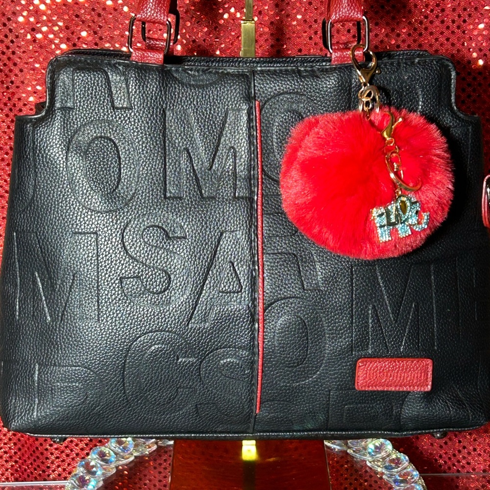 Jingpinpiju Black and Red Embossed Bag Approx. 14” x 10”